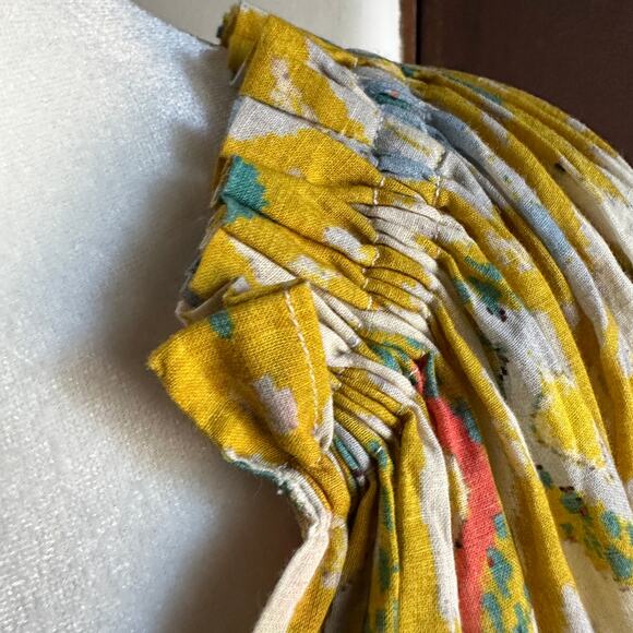 CHARINA SARTE | Yellow Ikat Printed Cotton Mini Dress Puff Sleeve | Size Medium - Picture 5 of 9